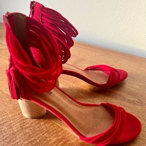 Super-cute Jeffrey Campbell Red Suede Heels. Lovely for holiday parties 👠💃🏾